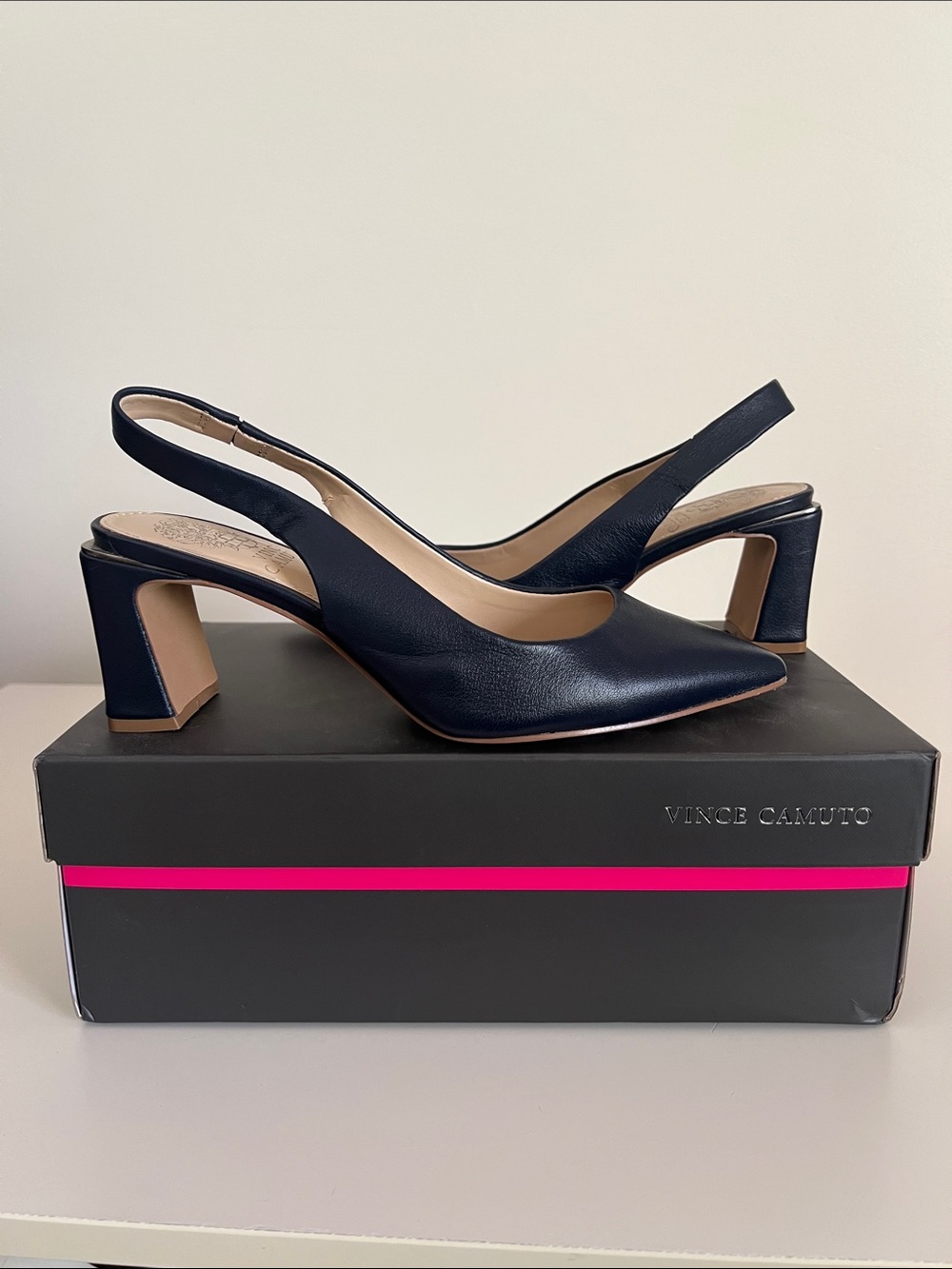 Vince Camuto Navy Leather Slingback Block Heel Pumps